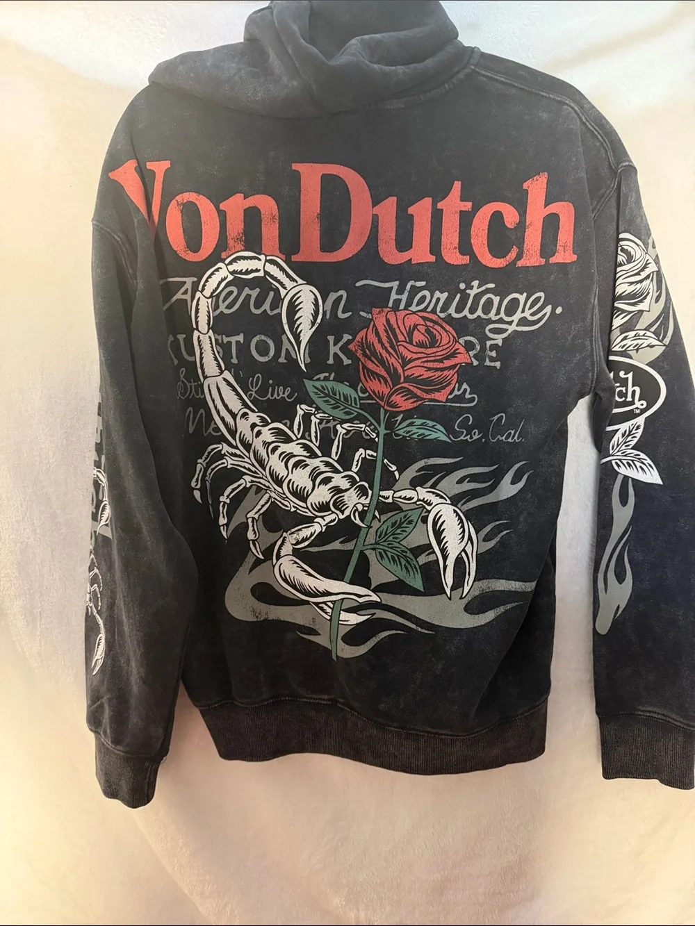 Von Dutch Black Hoodie with Red Rose & White Scorpion Graphic